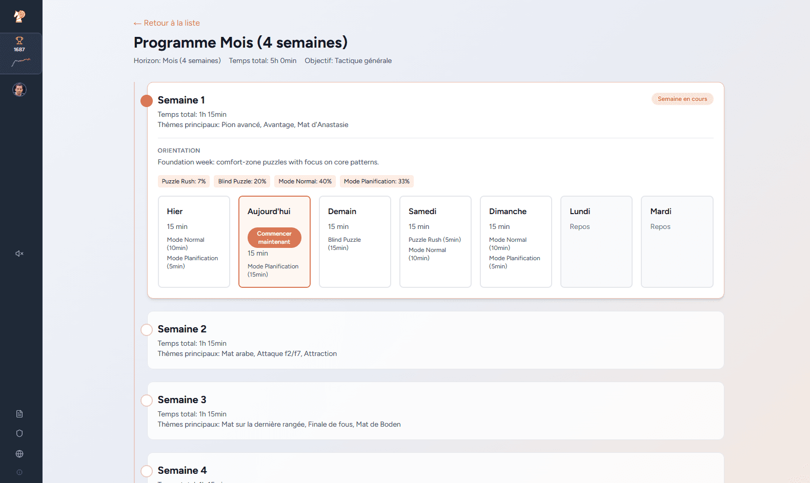 Aperçu d'un programme d'entraînement personnalisé aux échecs